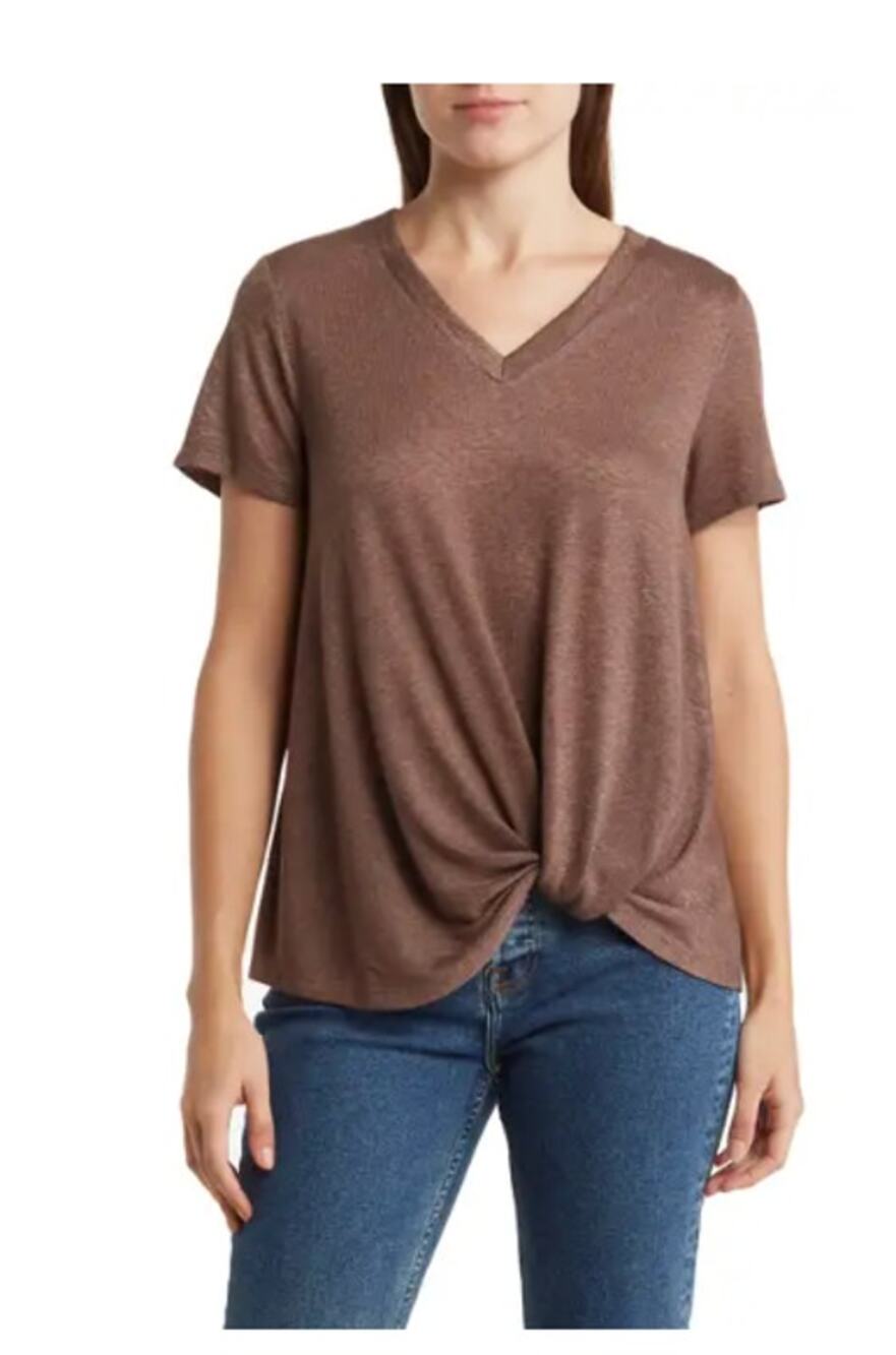 Caslon Twist Hem V-Neck Slub Knit Short Sleeve Top Small Coffee Bean